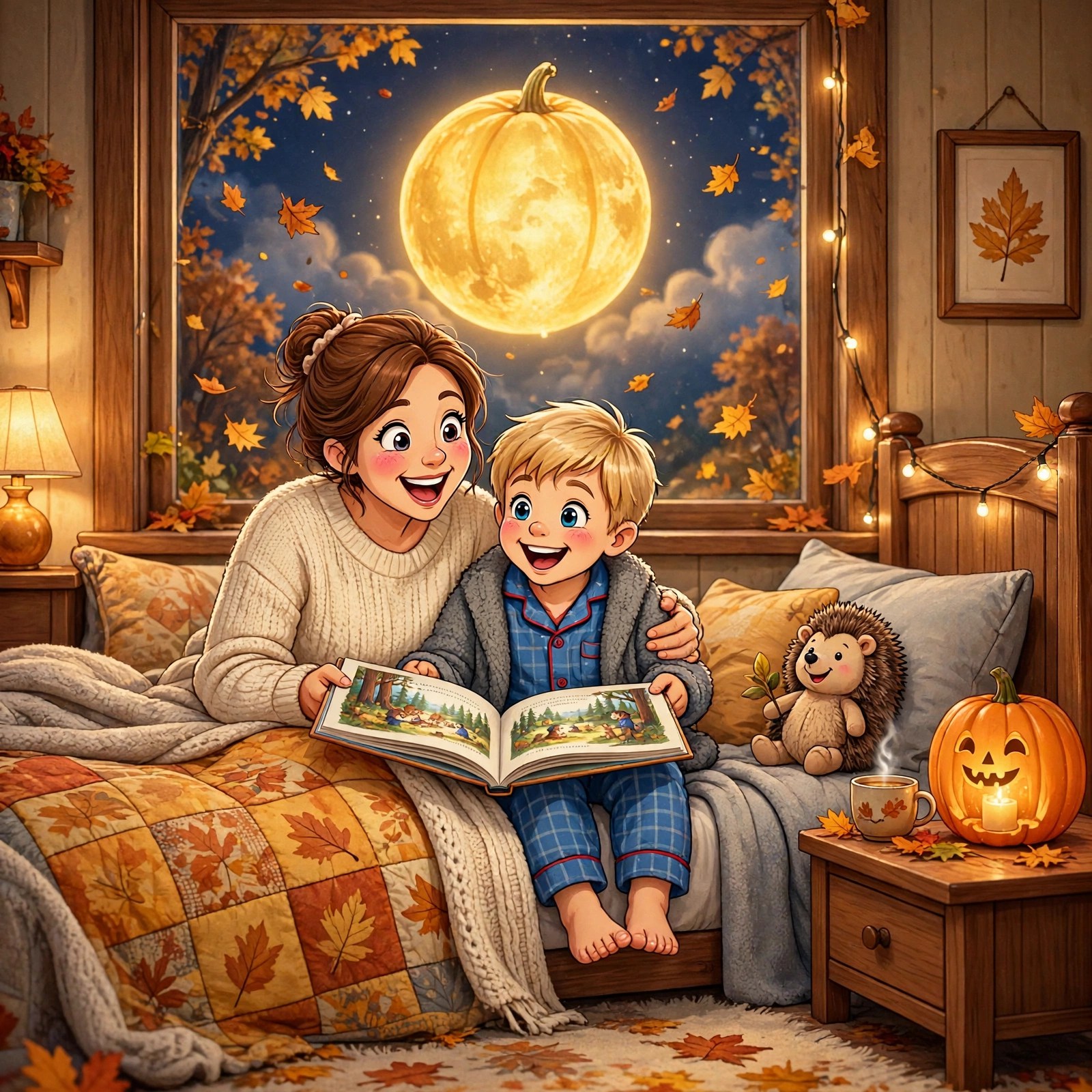 A parent reading The Pumpkin Moon Parade aloud to a child at bedtime