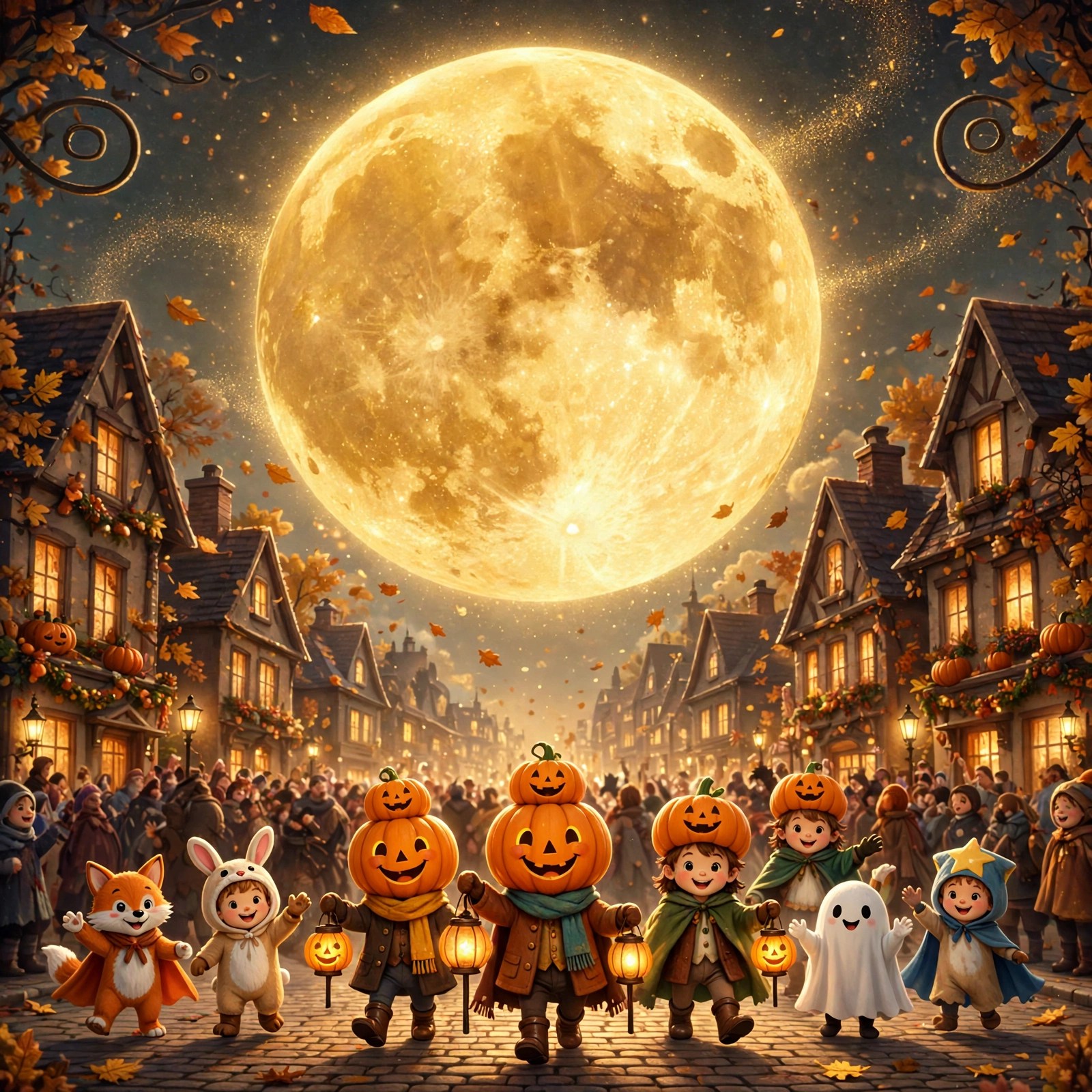 The Pumpkin Moon Parade book art: children in pumpkin hats marching under a giant pumpkin moon