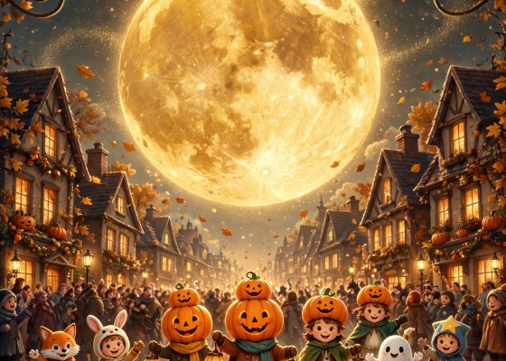The Pumpkin Moon Parade book art: children in pumpkin hats marching under a giant pumpkin moon