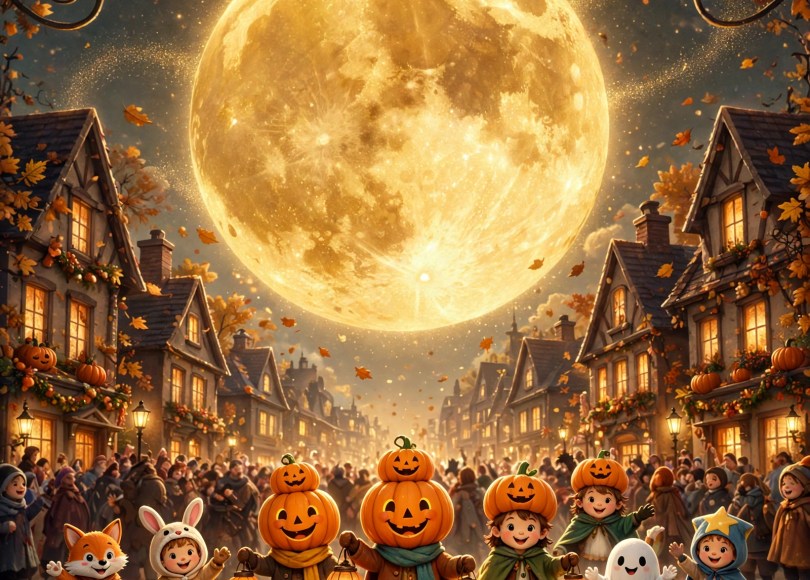 The Pumpkin Moon Parade book art: children in pumpkin hats marching under a giant pumpkin moon